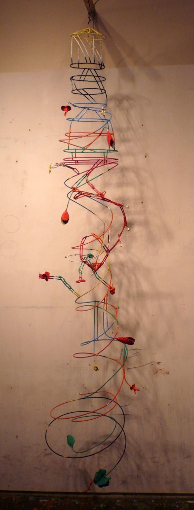 WALKING HOME THROUGH THE FOREST. Hanging sculpture, wire and bronze castings. 2100mm high.